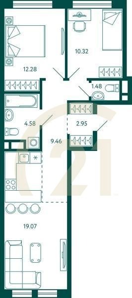2-комн, 60.14 м², 3 этаж