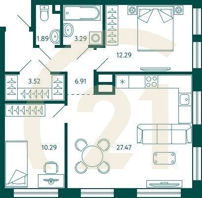 2-комн, 65.66 м², 2 этаж