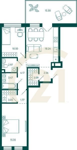 2-комн, 69.76 м², 2 этаж