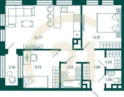2-комн, 59.96 м², 3-4 этаж