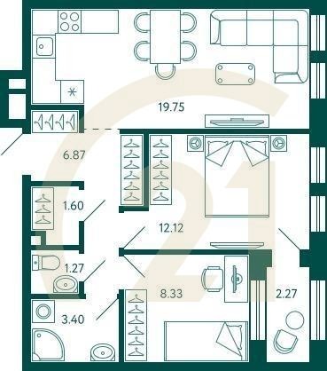 2-комн, 54.48 м², 2 этаж