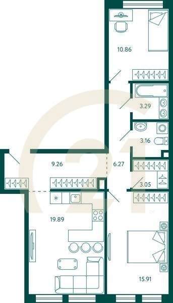 2-комн, 71.69 м², 2 этаж
