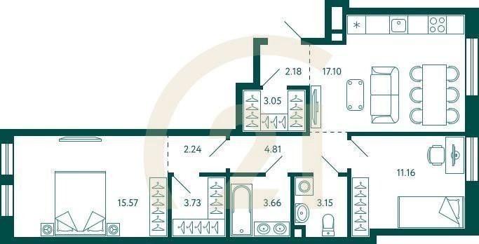 2-комн, 66.65 м², 2 этаж