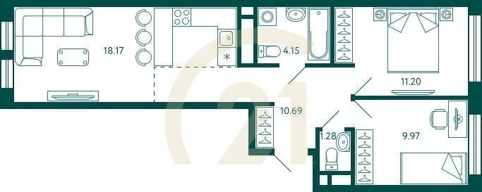 2-комн, 55.46 м², 13 этаж