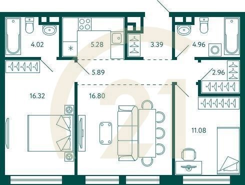 2-комн, 70.7 м², 5 этаж