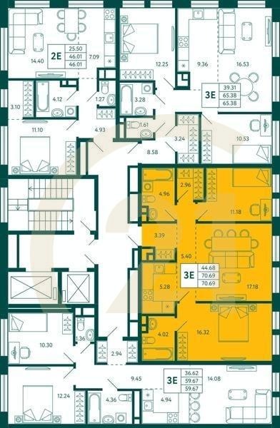 2-комн, 70.69 м², 6 этаж