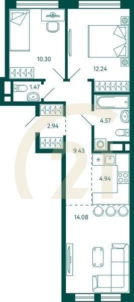 2-комн, 59.97 м², 4 этаж