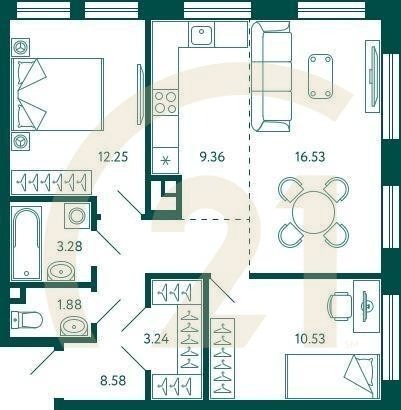 2-комн, 65.65 м², 2 этаж