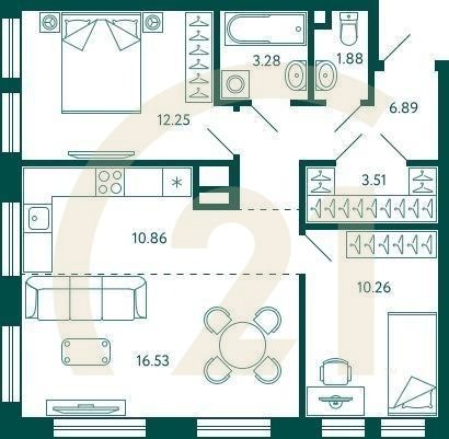 2-комн, 65.46 м², 2 этаж