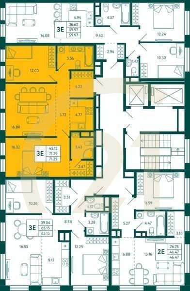 2-комн, 71.29 м², 3 этаж