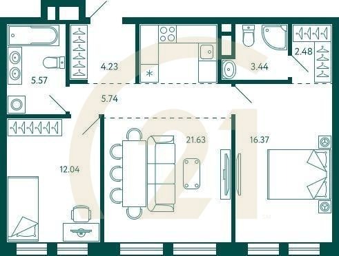2-комн, 71.5 м², 3 этаж