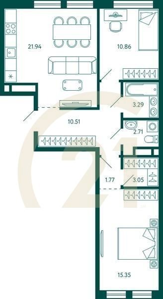 2-комн, 69.48 м², 8 этаж