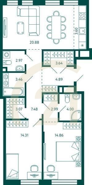 2-комн, 86.15 м², 2 этаж