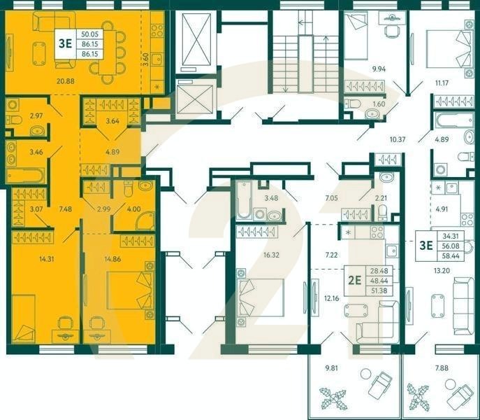 2-комн, 86.15 м², 2 этаж