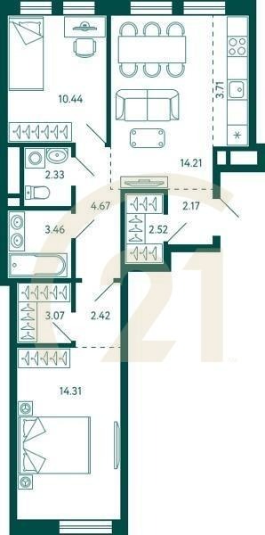 2-комн, 63.31 м², 10 этаж