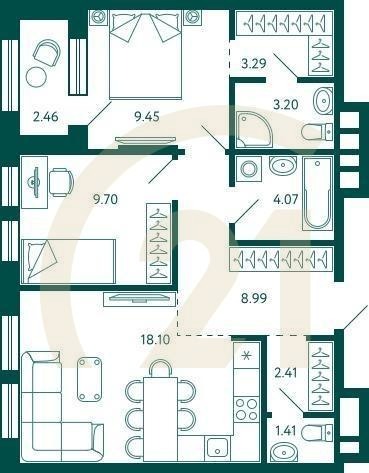 2-комн, 61.85 м², 2 этаж