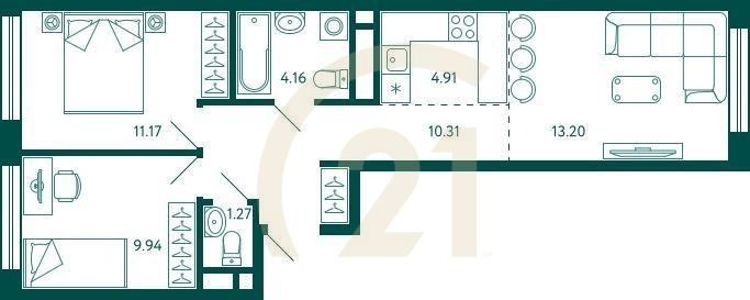 2-комн, 54.96 м², 15 этаж