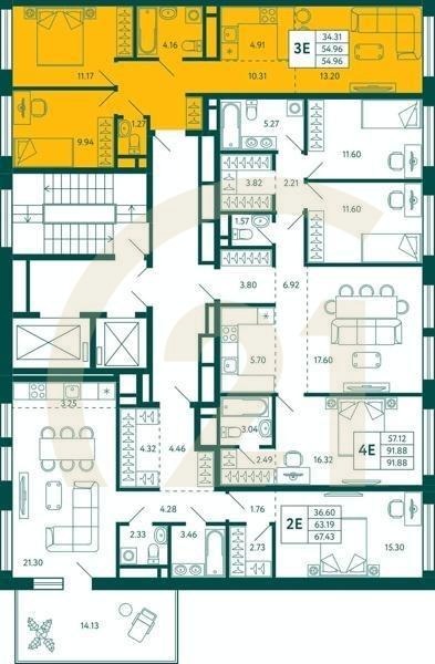2-комн, 54.96 м², 15 этаж