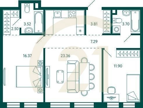 2-комн, 72.45 м², 2 этаж