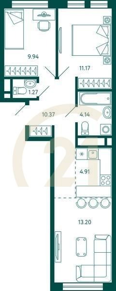 2-комн, 55 м², 12-15 этаж