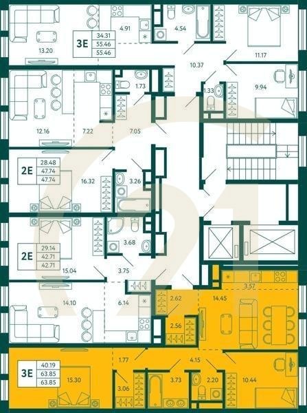 2-комн, 63.85 м², 3 этаж