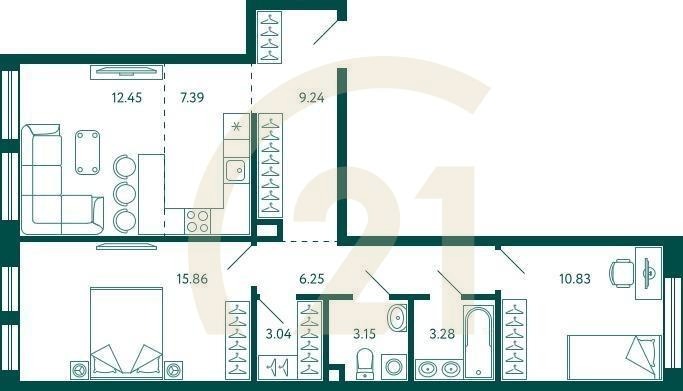 2-комн, 71.49 м², 2 этаж