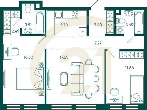 2-комн, 72.23 м², 2 этаж
