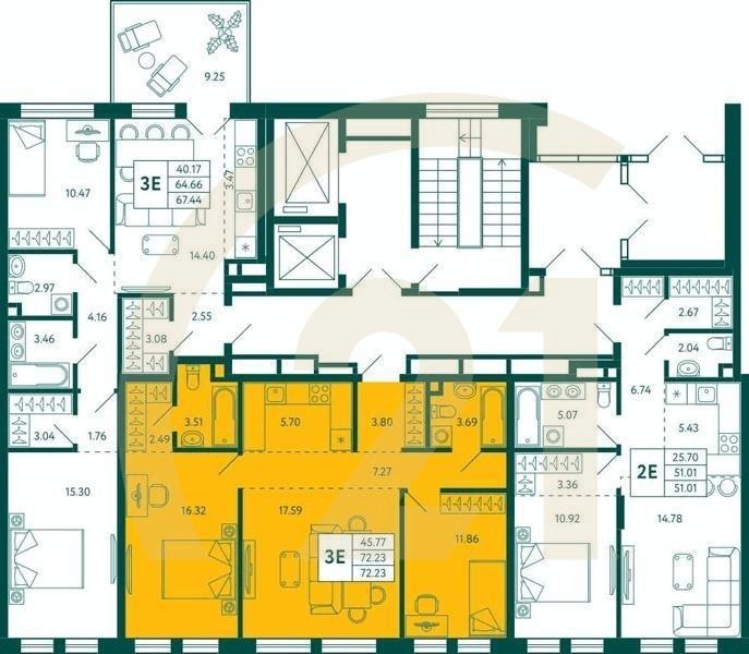2-комн, 72.23 м², 2 этаж