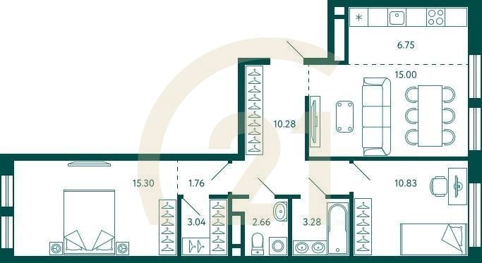 2-комн, 68.9 м², 12 этаж