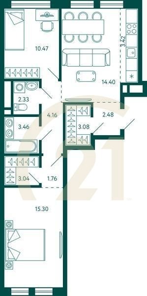 2-комн, 63.9 м², 8 этаж