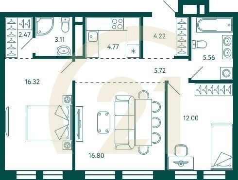 2-комн, 70.97 м², 5-9 этаж