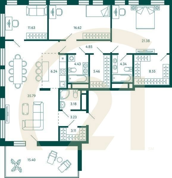 3-комн, 133.43 м², 14 этаж