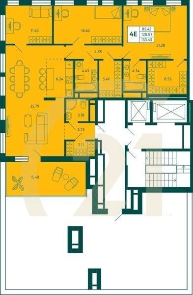 3-комн, 133.43 м², 14 этаж