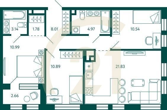 3-комн, 73.48 м², 2 этаж
