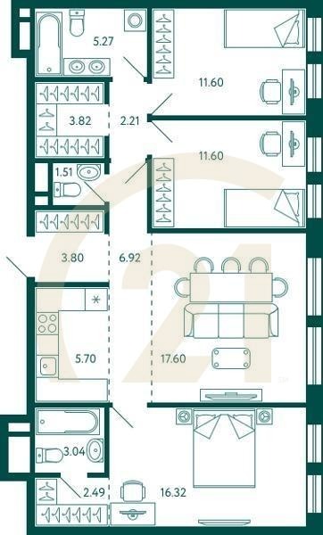 3-комн, 91.88 м², 11 этаж