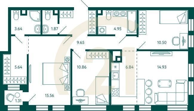 3-комн, 85.09 м², 2 этаж