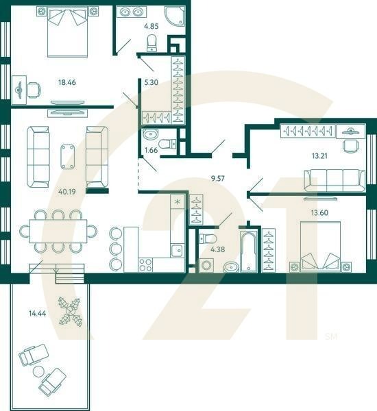 3-комн, 115.55 м², 17 этаж