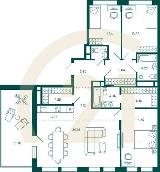 3-комн, 121.16 м², 10 этаж
