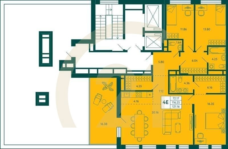 3-комн, 121.16 м², 10 этаж