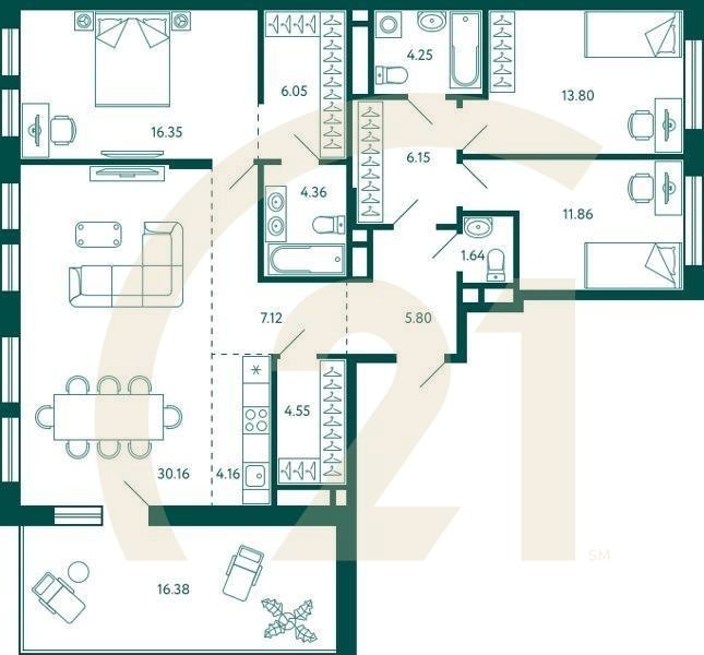 3-комн, 121.16 м², 10 этаж