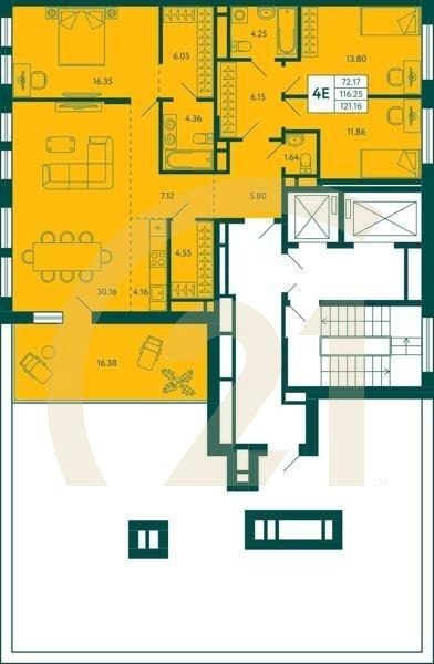 3-комн, 121.16 м², 10 этаж