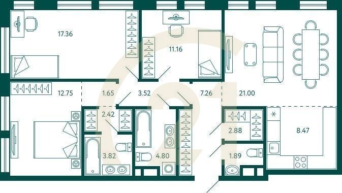 3-комн, 98.98 м², 3 этаж