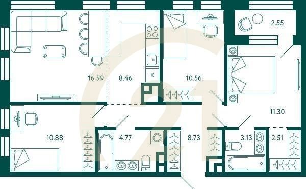 3-комн, 78.21 м², 8 этаж