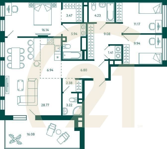3-комн, 114.31 м², 12 этаж