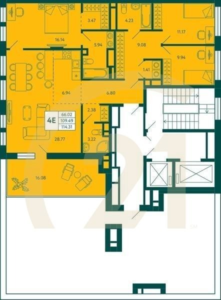 3-комн, 114.31 м², 12 этаж