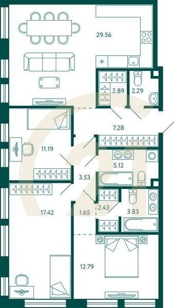 3-комн, 99.98 м², 2 этаж