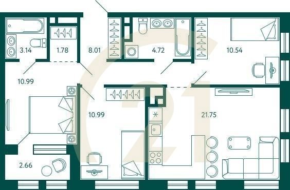 3-комн, 73.25 м², 14-26 этаж