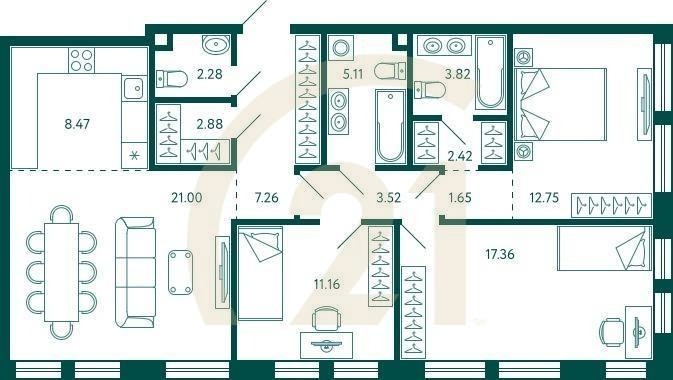 3-комн, 99.68 м², 2 этаж