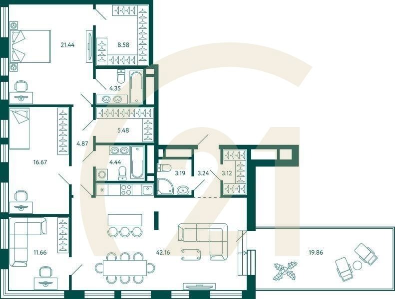 3-комн, 135.16 м², 14 этаж