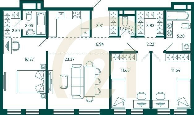 3-комн, 92.21 м², 3 этаж